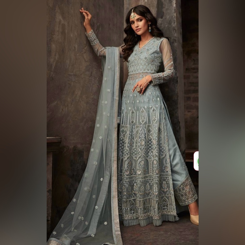 Embroidered Long Sleeve Slate Blue Anarkali Dress